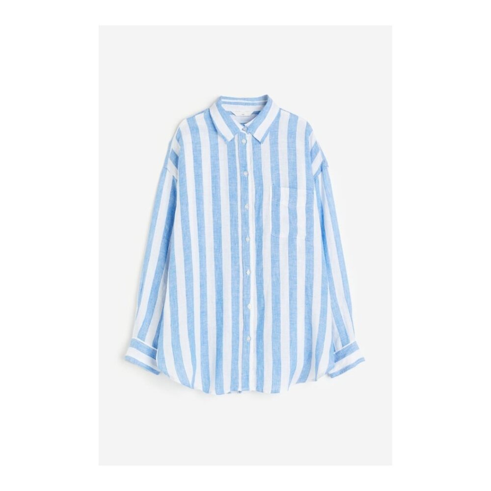 H&M Blue & White Striped Oversized Linen Shirt